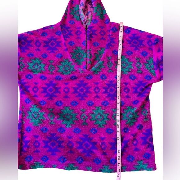 Vintage 90s Tribal Fuchsia Fleece Hoodie Pullover Sweater - Picture 9 of 12